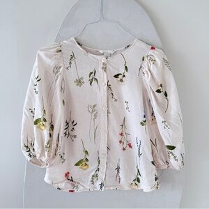 Linen-Blend Cream Floral Blouse